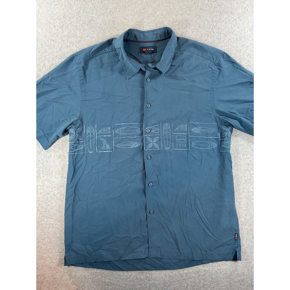 COVA Mens XL Teal Blue Embroidered Surfboard Short Sleeve Button Down Shirt #829